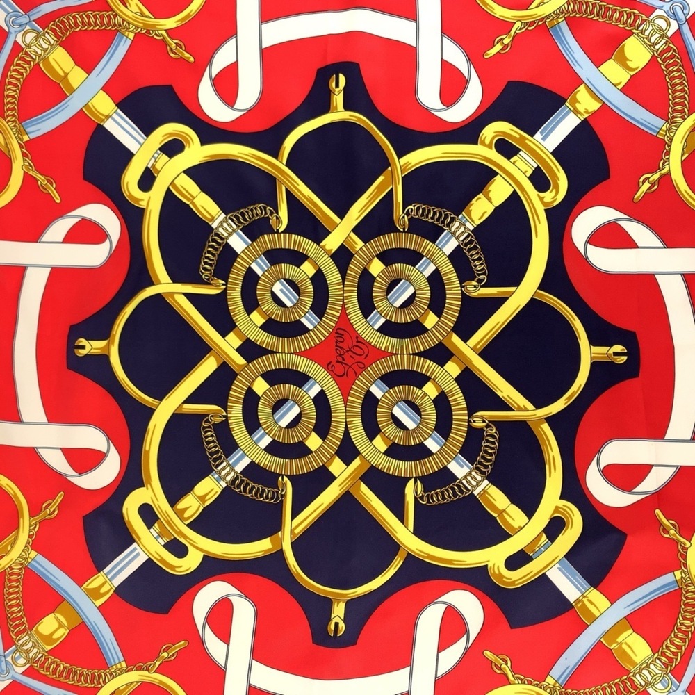 HERMES Hermes Golden Spur Carre 90 Red Navy Silk Scarf Muffler for Women - Picture 4 of 8